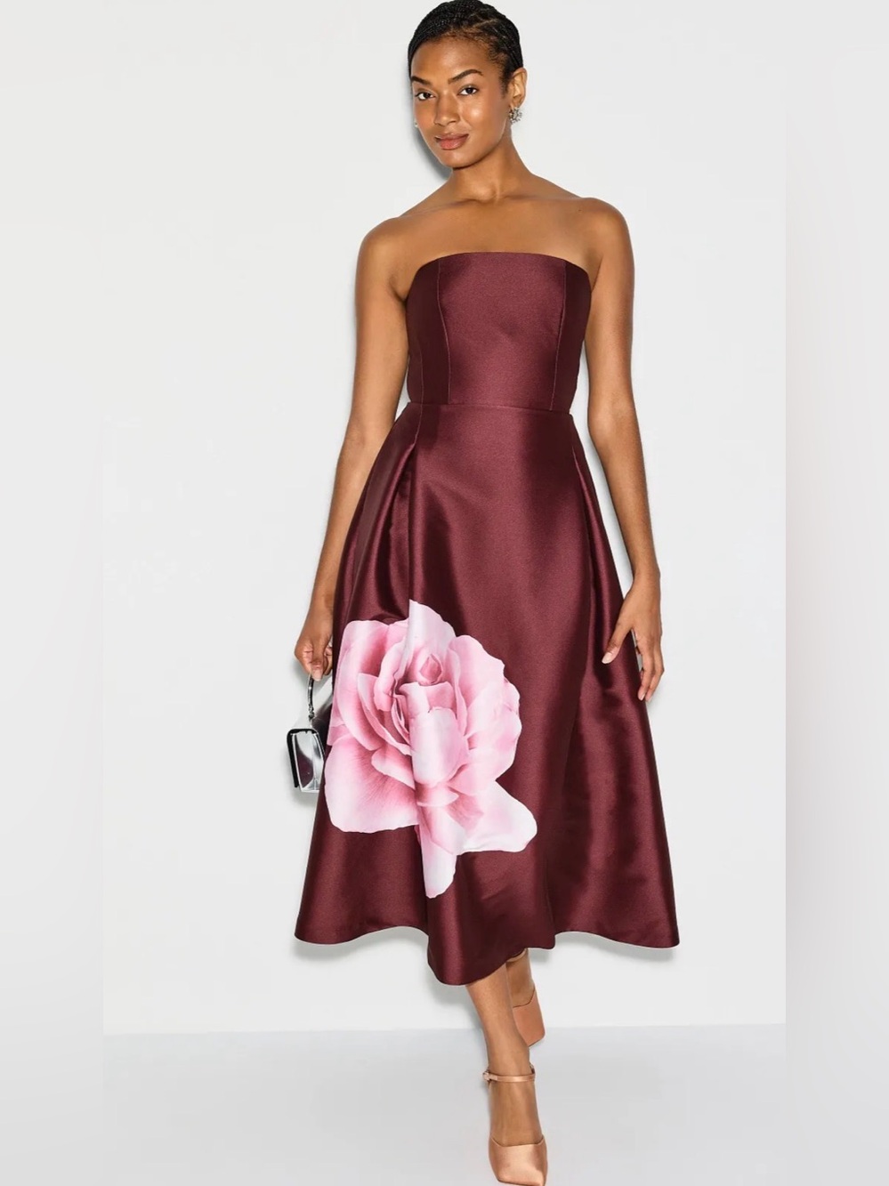 SACHIN BABI Shay Midi Dress
Strapless Burgundy Floral A-Line Dress size 14.